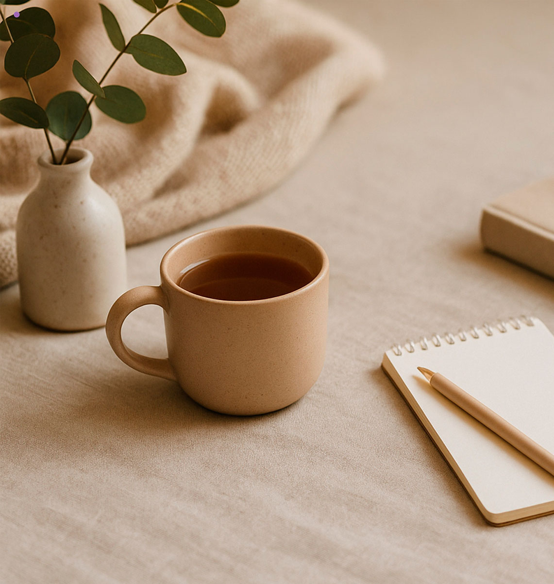 Mery Ellen - Imagem ilustrativa de detalhe do consultório com uma xícara de chá, bloco de anotações e vaso de planta.